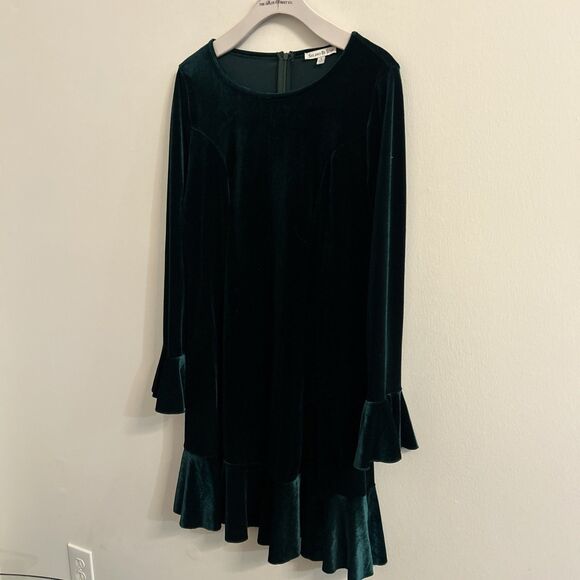See and Be Seen Green Velvet Dress Small Long Sleeve Flounce Hem - Picture 2 of 7